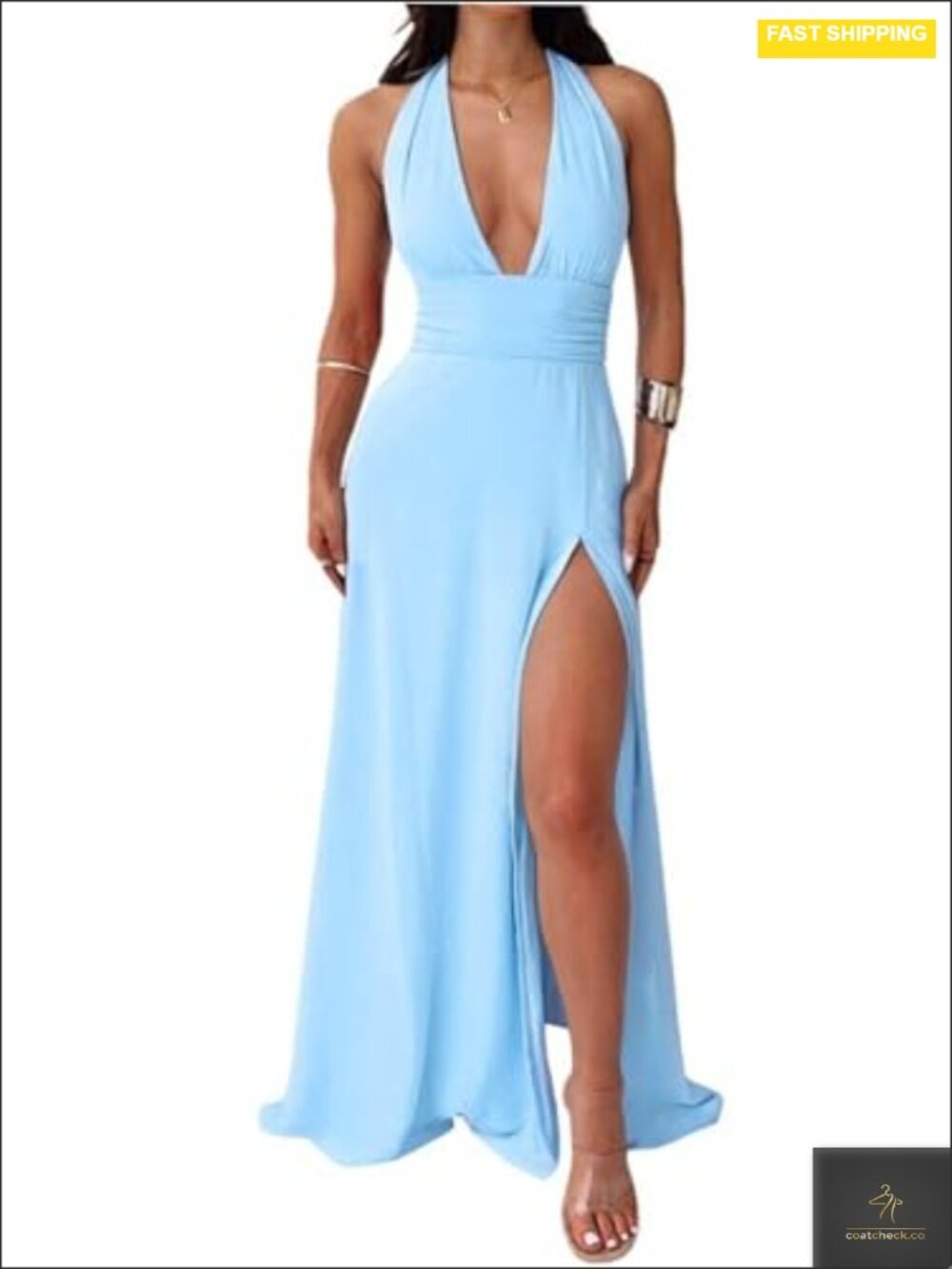 Women's Sexy Halter Deep V Neck Maxi Dress Sleeveless High Slit Party